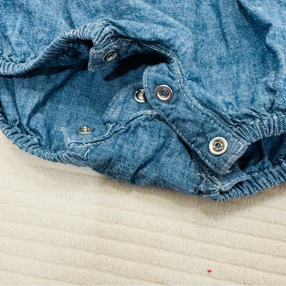 Ralph Lauren Girls' Chambray Ruffle Bubble Romper - Baby 24 months EUC $50
